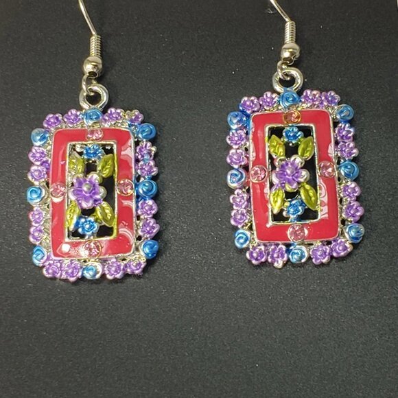 Red - Crystal Floral Drop Earrings – Silver-Tone Statement Jewelry 2-inch - Picture 5 of 7